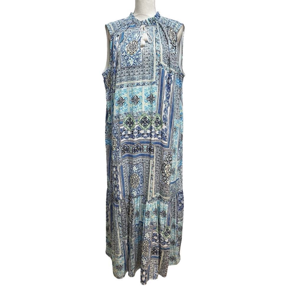 Chicos Paisley Patchwork Tiered Maxi Dress Size 16 Blue Boho Beach Coastal Vacay